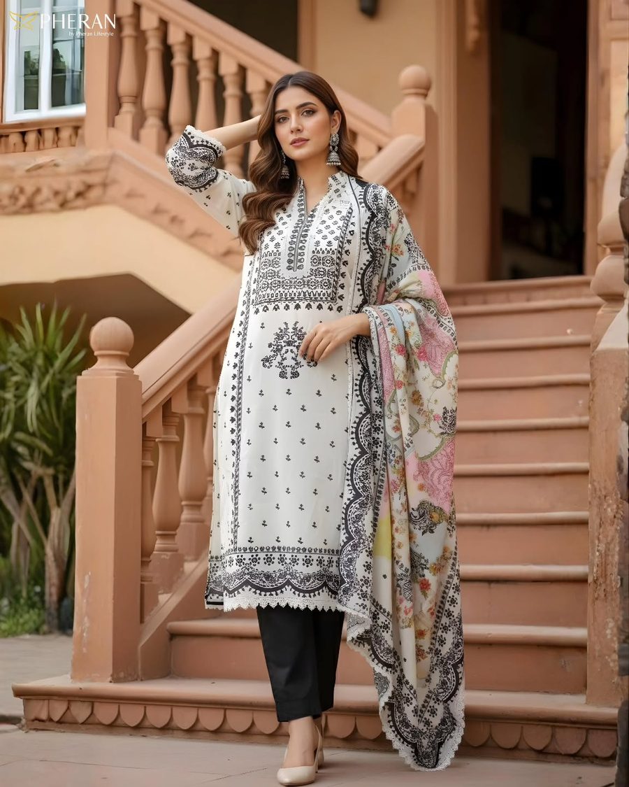 PHERAN white and black embroidered kurta set with printed dupatta